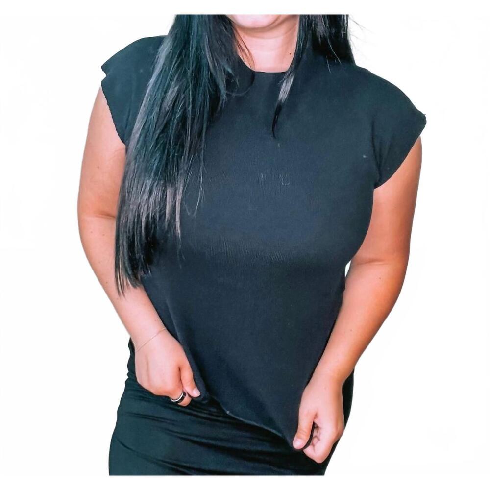 NEW WASABI + MINT sleeveless side gathering mock knit top in black